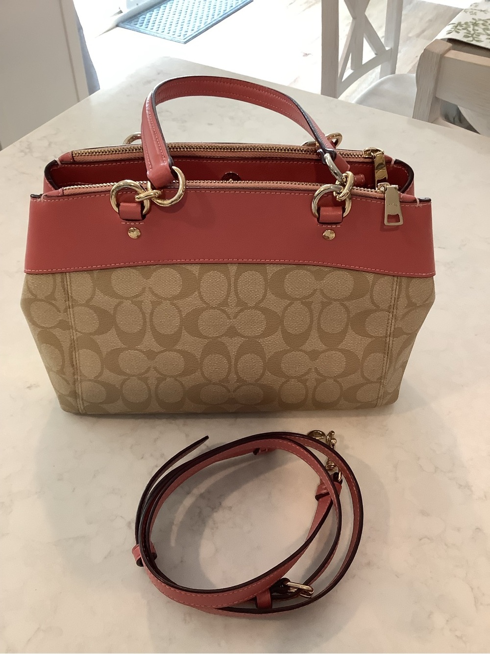 Coach Mini Brooke Beige Signature Canvas Satchel Crossbody with Pink Trim - Picture 3 of 12